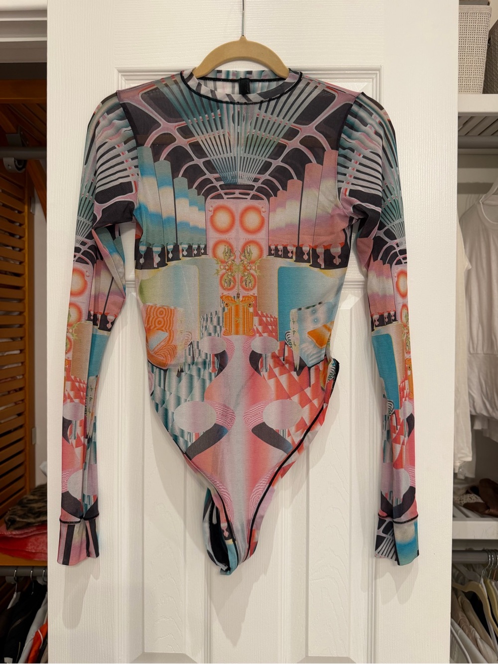 Skims mesh Multicolor Graphic Long-Sleeve Bodysuit - Pink & Blue Print